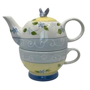 Mesa Intl Blue Yellow floral nesting teapots w/ cup and lid hand painted‎